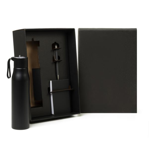 KIT GARRAFA, BLOCO PARA ANOTAÇÕES E CANETA - 3 PÇS