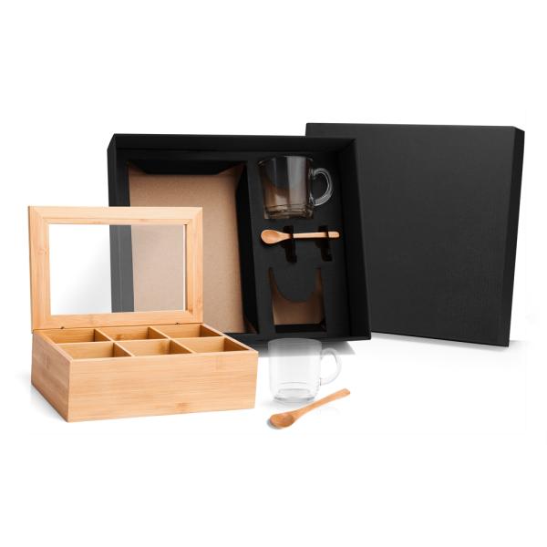 KIT PARA CHÁ COM CAIXA EM BAMBU E COLHERES - 5 PÇS