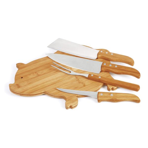 KIT PARA COZINHA COM TÁBUA PORCO EM BAMBU / MADEIRA / INOX - 5 PÇS