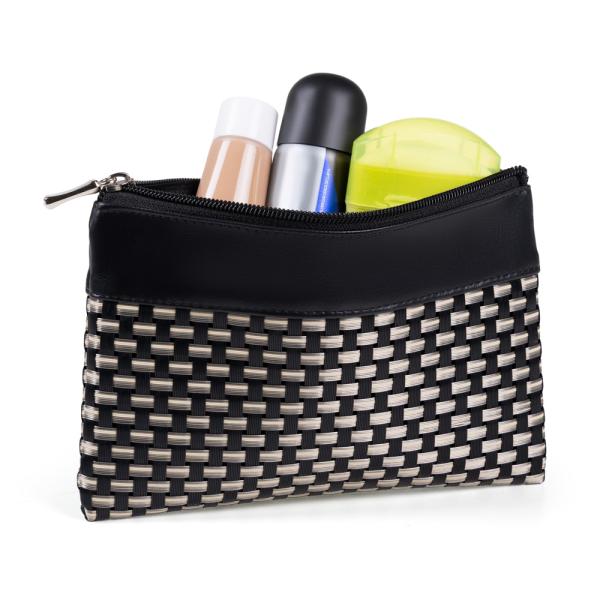 NECESSAIRE EM PVC E MATERIAL SINTÉTICO - PRETO / XADREZ BEGE - 19X14 CM