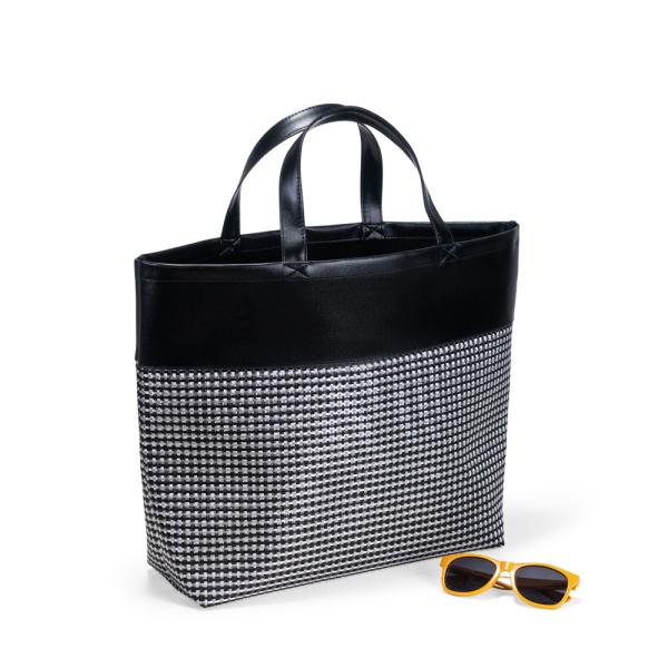 SACOLA DE PRAIA/PIQUENIQUE EM PVC E MATERIAL SINTÉTICO - PRETO / XADREZ PRATA - 48X33X13 CM