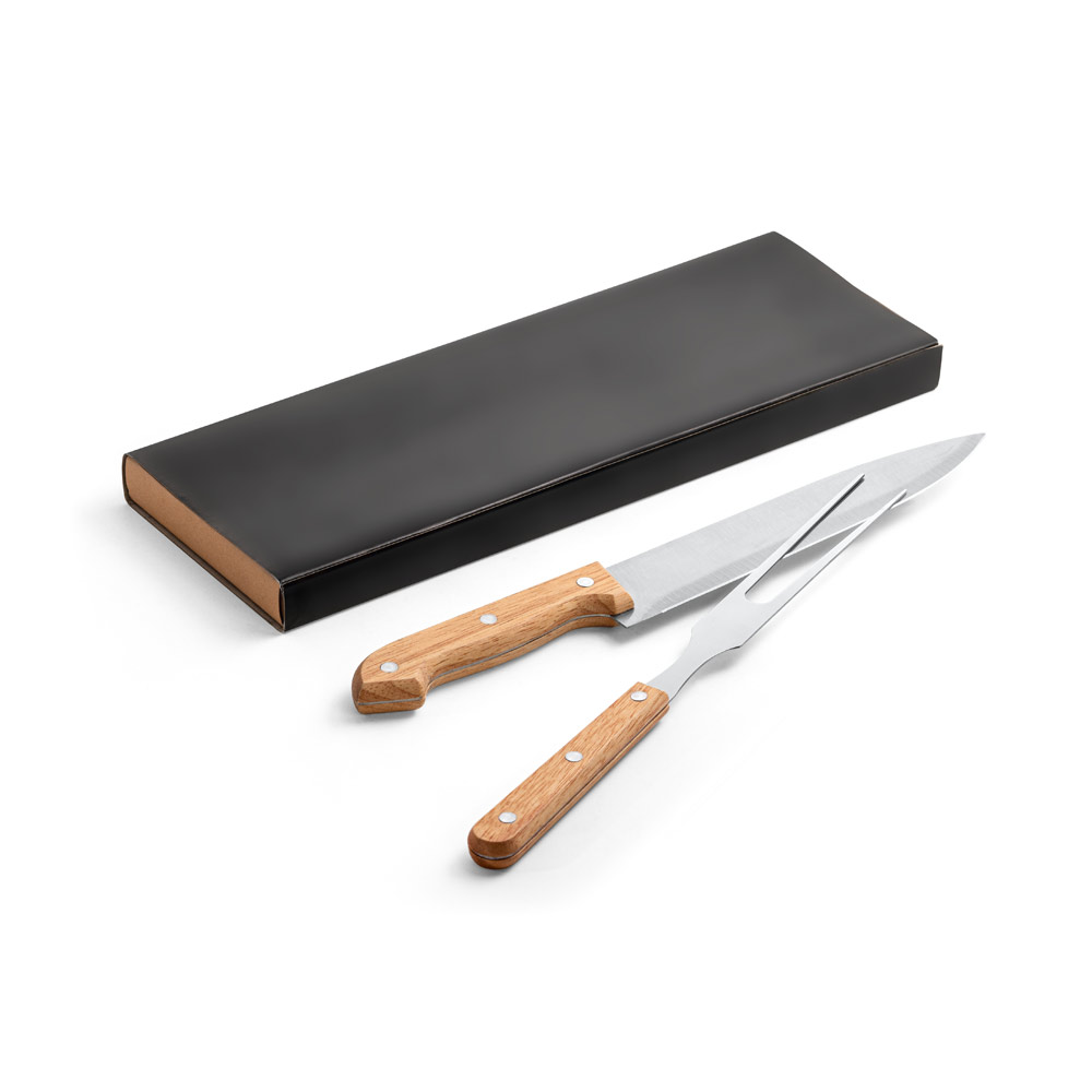 ALIOLI. Kit churrasco em caixa kraft com 2 utensílios em aço inox e bambu