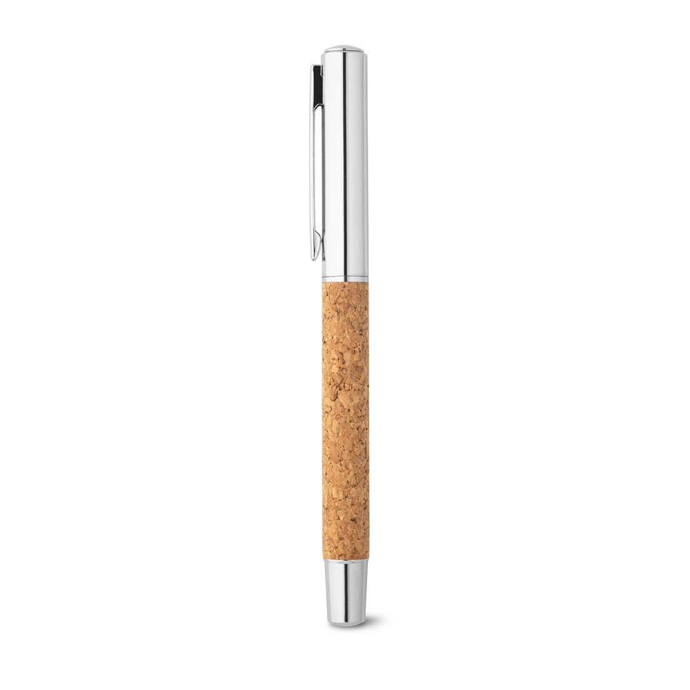 ANDREW. Caneta roller em aço inox 90% reciclado e cortiça com escrita em azul