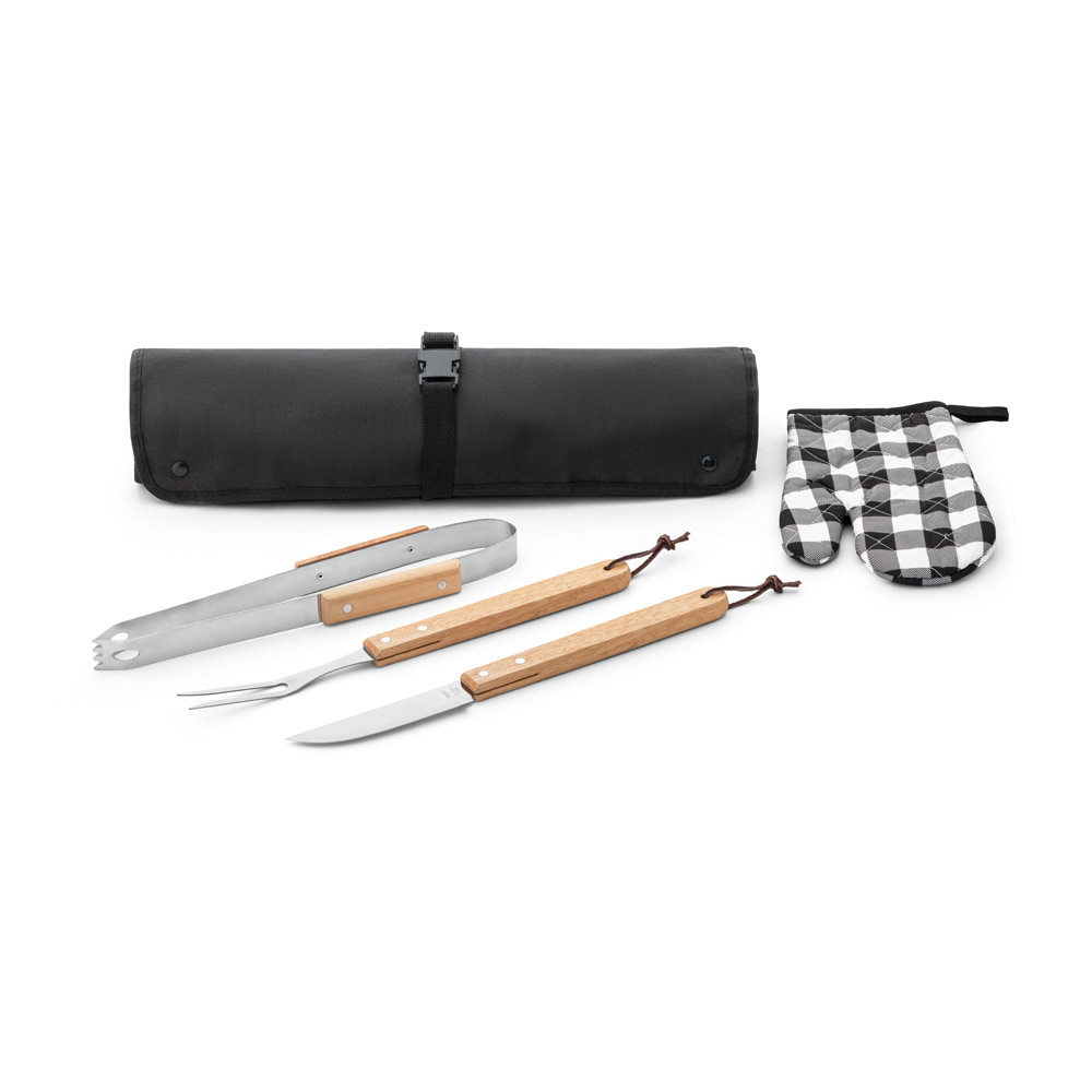 CHAMP. Kit churrasco com 3 utensílios em aço inox e madeira de Seringueira e luva