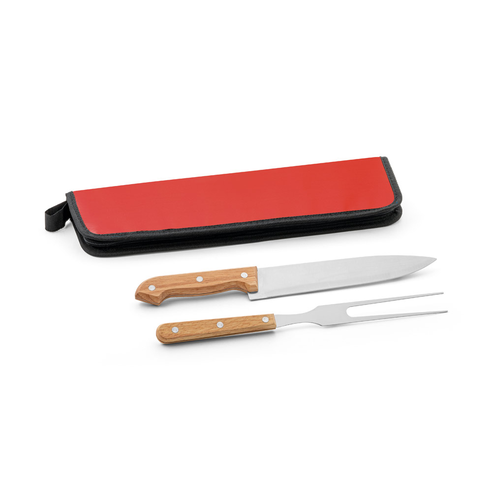 CUBAT. Kit churrasco em estojo de 210D com 2 utensílios em aço inox e madeira Seringueira