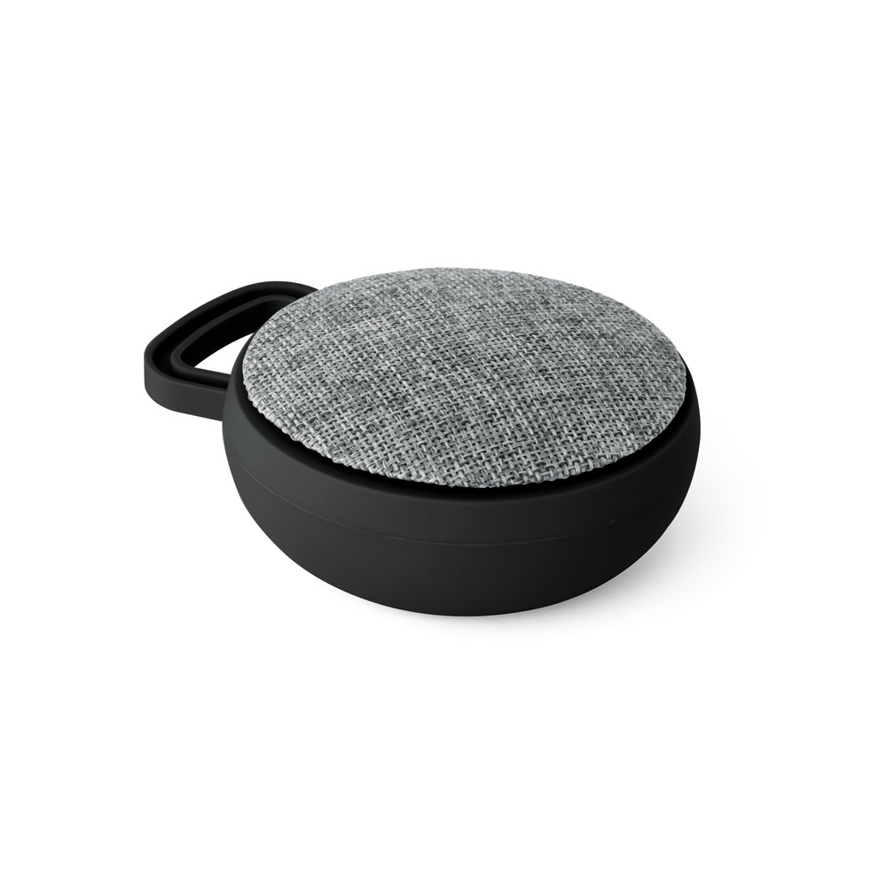ECCLUS. Caixa de som com autonomia de 3h e microfone, em ABS e tecido em poliéster
