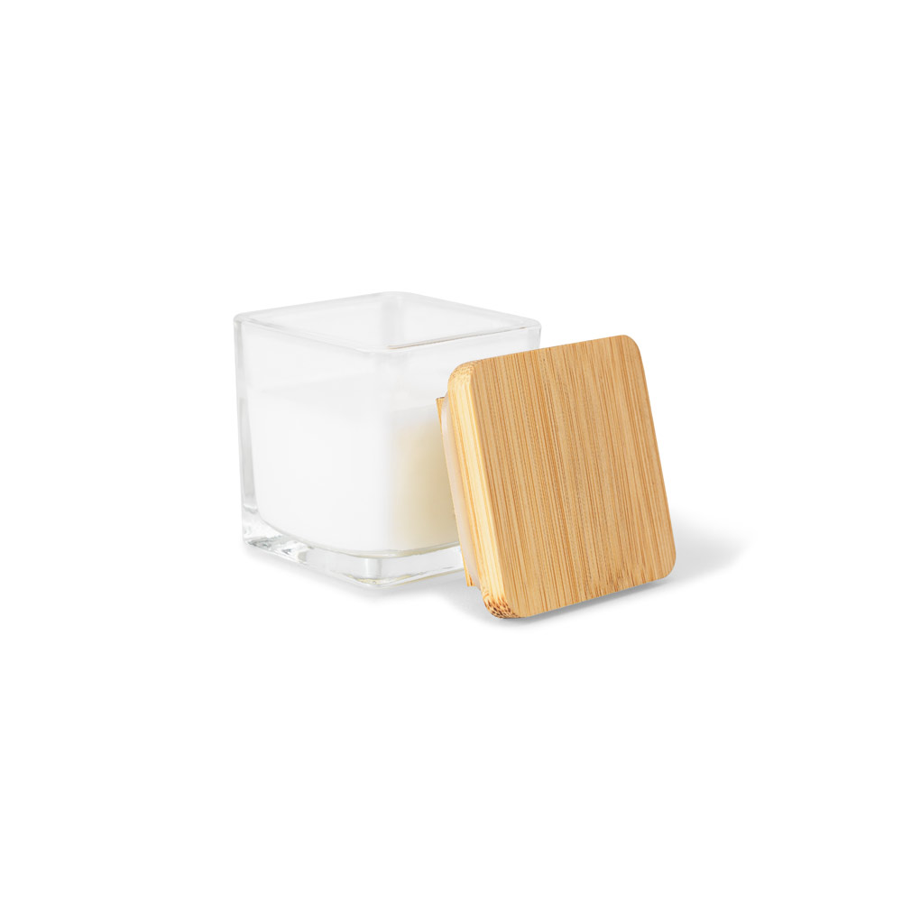 ESSENCE. Vela aromática, de 50 g., em copo de vidro com tampa em bambu