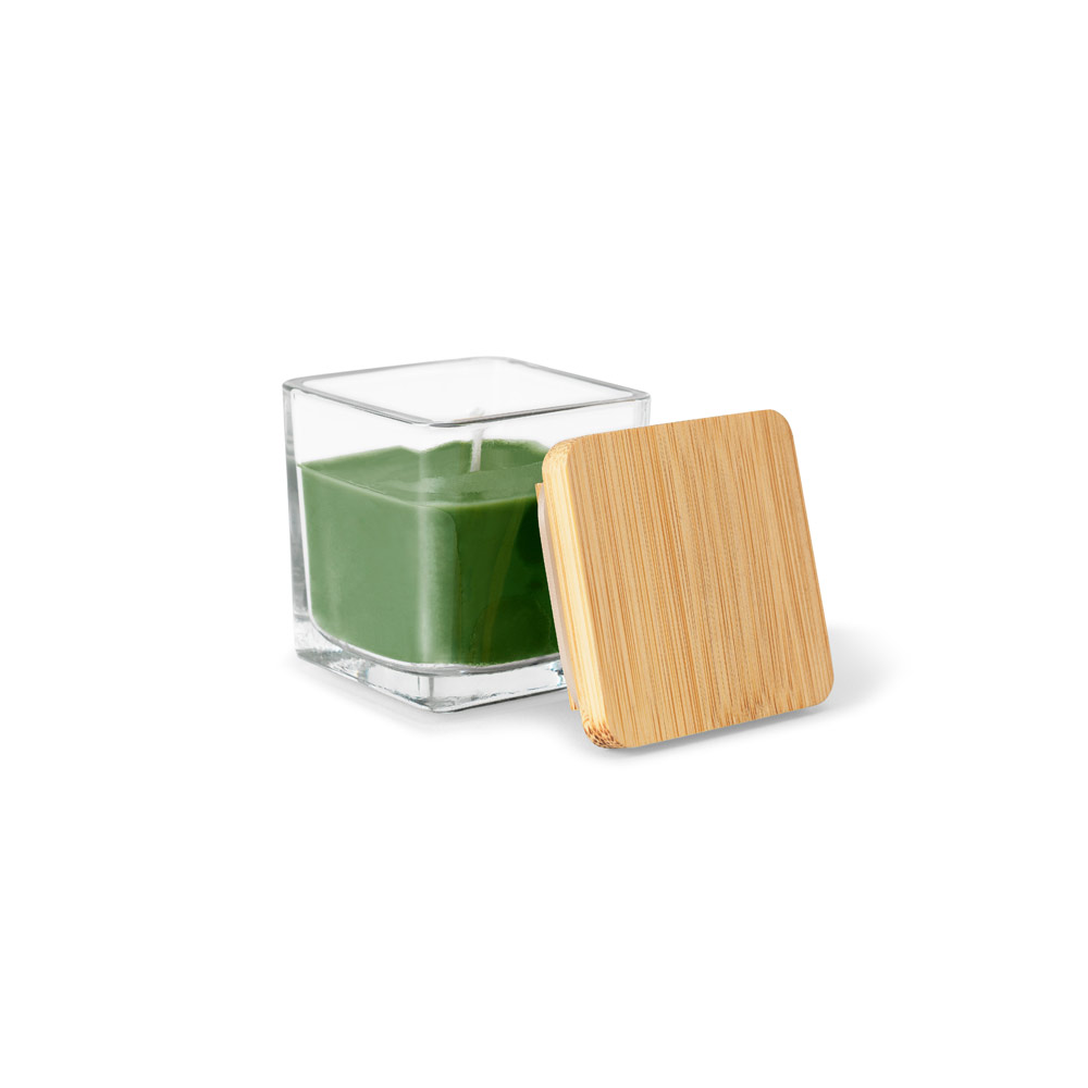 ESSENCE. Vela aromática, de 50 g., em copo de vidro com tampa em bambu