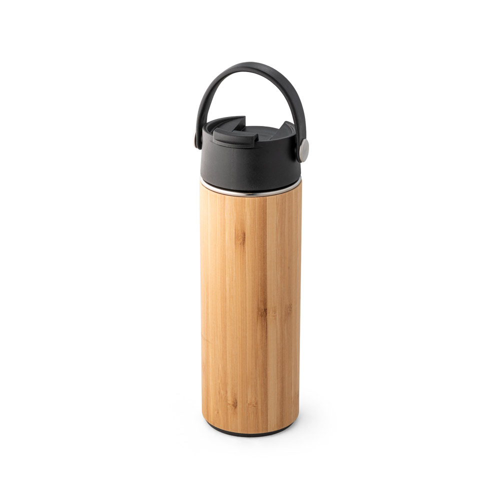 LAVER. Garrafa térmica em aço inox e bambu, de parede dupla isolada a vácuo (440 mL)