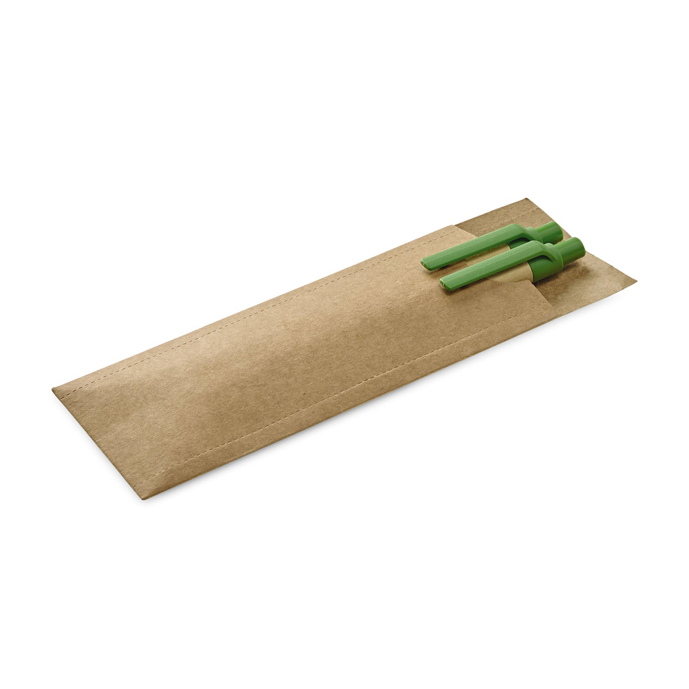 LEAF. Conjunto de caneta esferográfica com escrita em azul e lapiseira em papel kraft