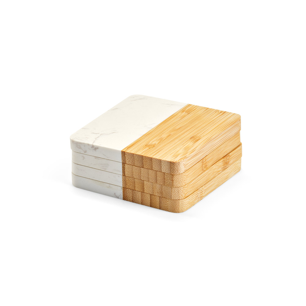 MARBOO CUP. Conjunto de 4 porta copos em mármore e bambu em formato quadrado