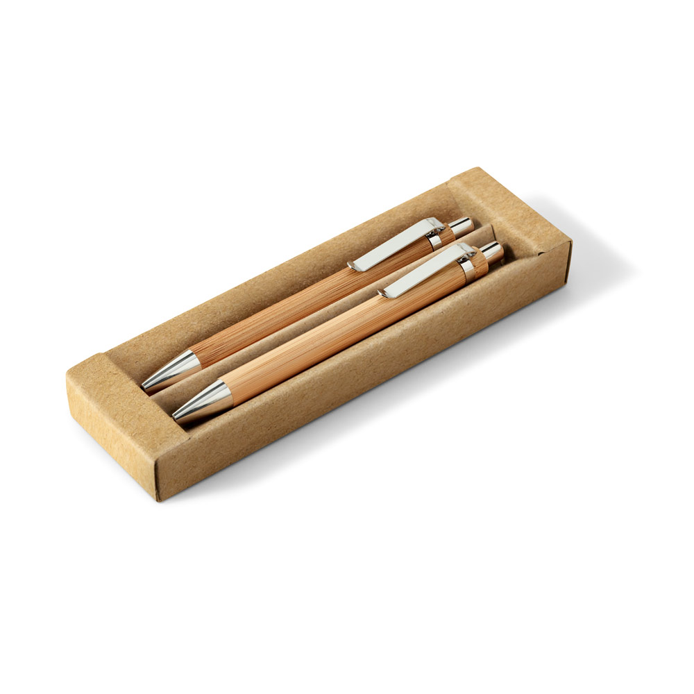 MELLO. Conjunto de caneta esferográfica com escrita em azul e lapiseira, ambas em bambu
