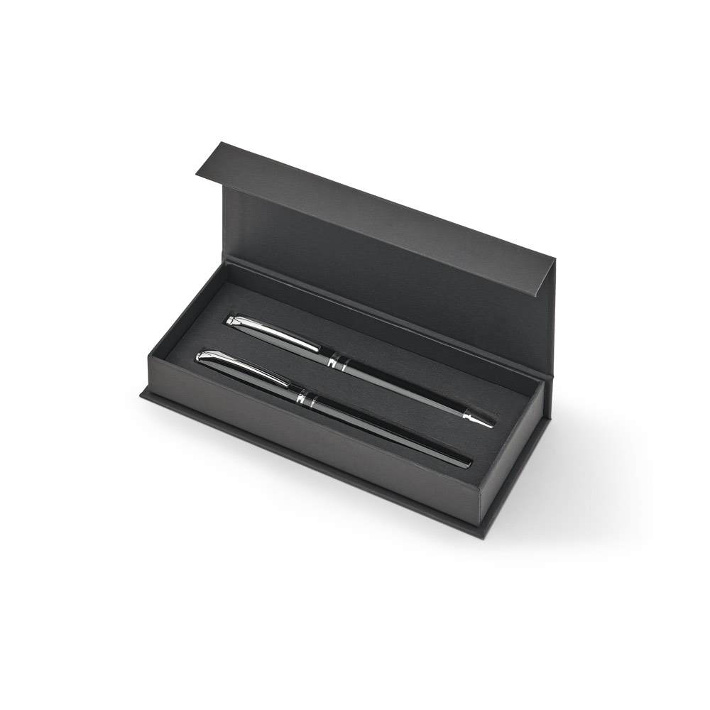 SARAMAGO. Set premium composto por 1 caneta esferográfica e 1 caneta roller em cobre e aço inox, com escrita em azul