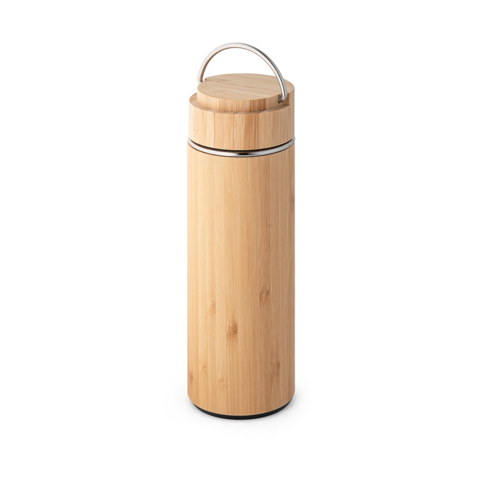 SOW. Garrafa térmica em aço inox e bambu, de parede dupla isolada a vácuo (440 mL)