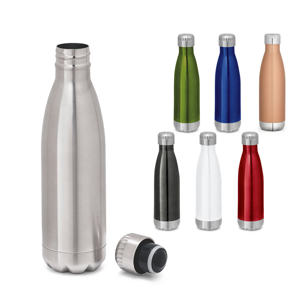 SHOW. Garrafa em aço inox de parede dupla térmica, isolada a vácuo, com tampa em aço inox 510 mL
