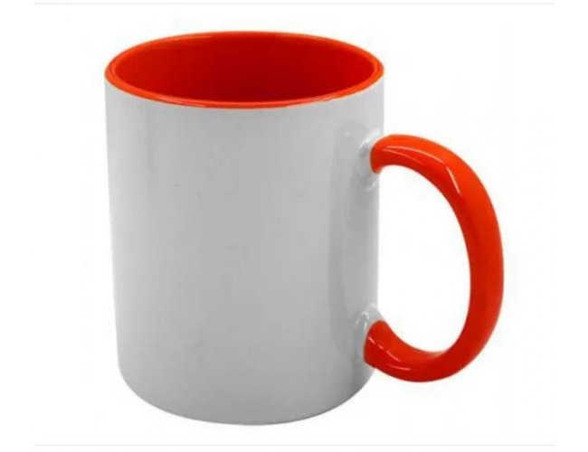 Caneca cerâmica branca c/ fundo e alça coloridos 325ml