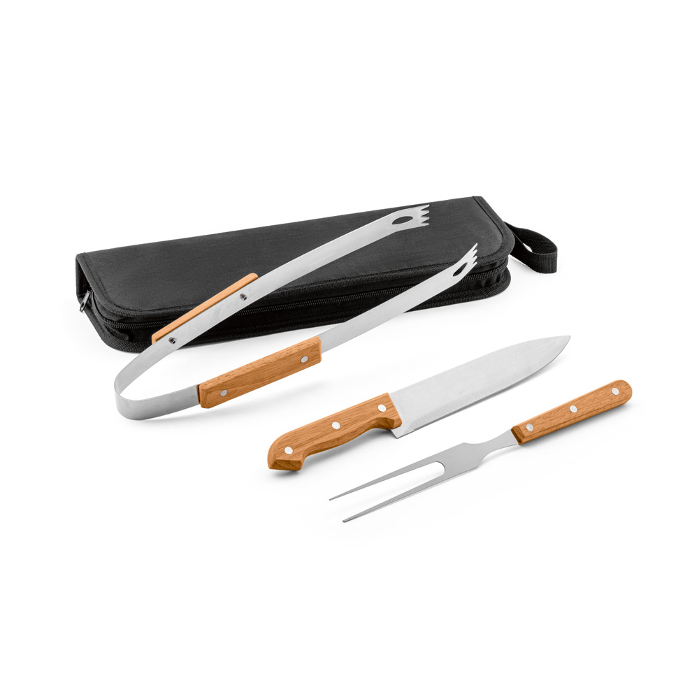 GARLIC. Kit churrasco em estojo de 210D com 3 utensílios em aço inox e madeira de Seringueira