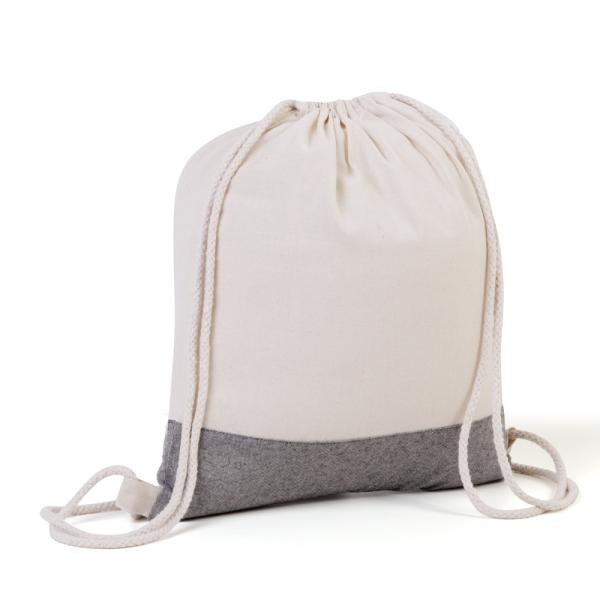 MOCHILA SACOLA EM ALGODÃO RECICLADO - BEGE NATURAL / MELANGE CINZA - 37X41CM