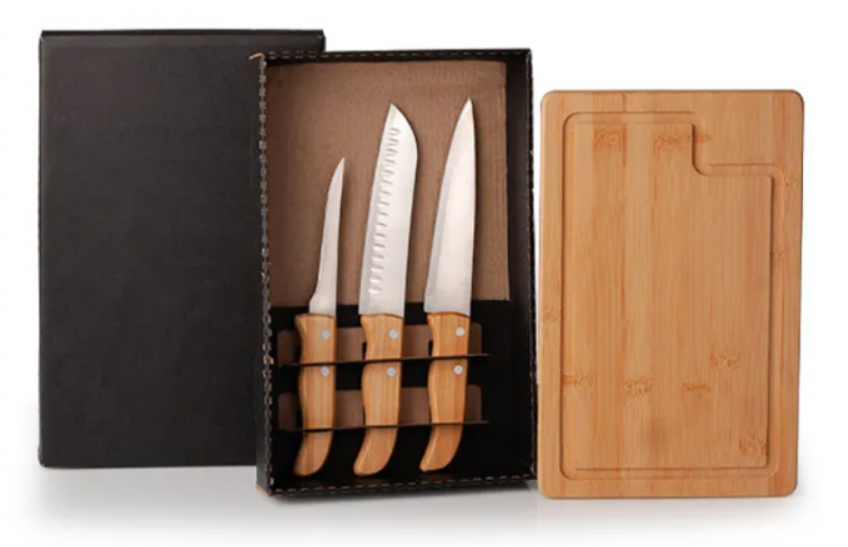 Kit Para Churrasco/Cozinha Em Bambu / Madeira / Inox - 4 Pçs