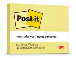 BLOCO DE RECADO AUTOADESIVO 38X50MM AMARELO 4X100F POST-IT 3M